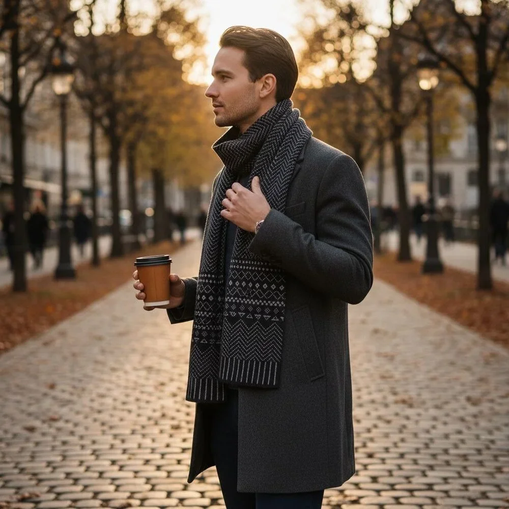 Mens Black & Gray Knit Wool Scarf With Chevron & Geometric Patterns 63